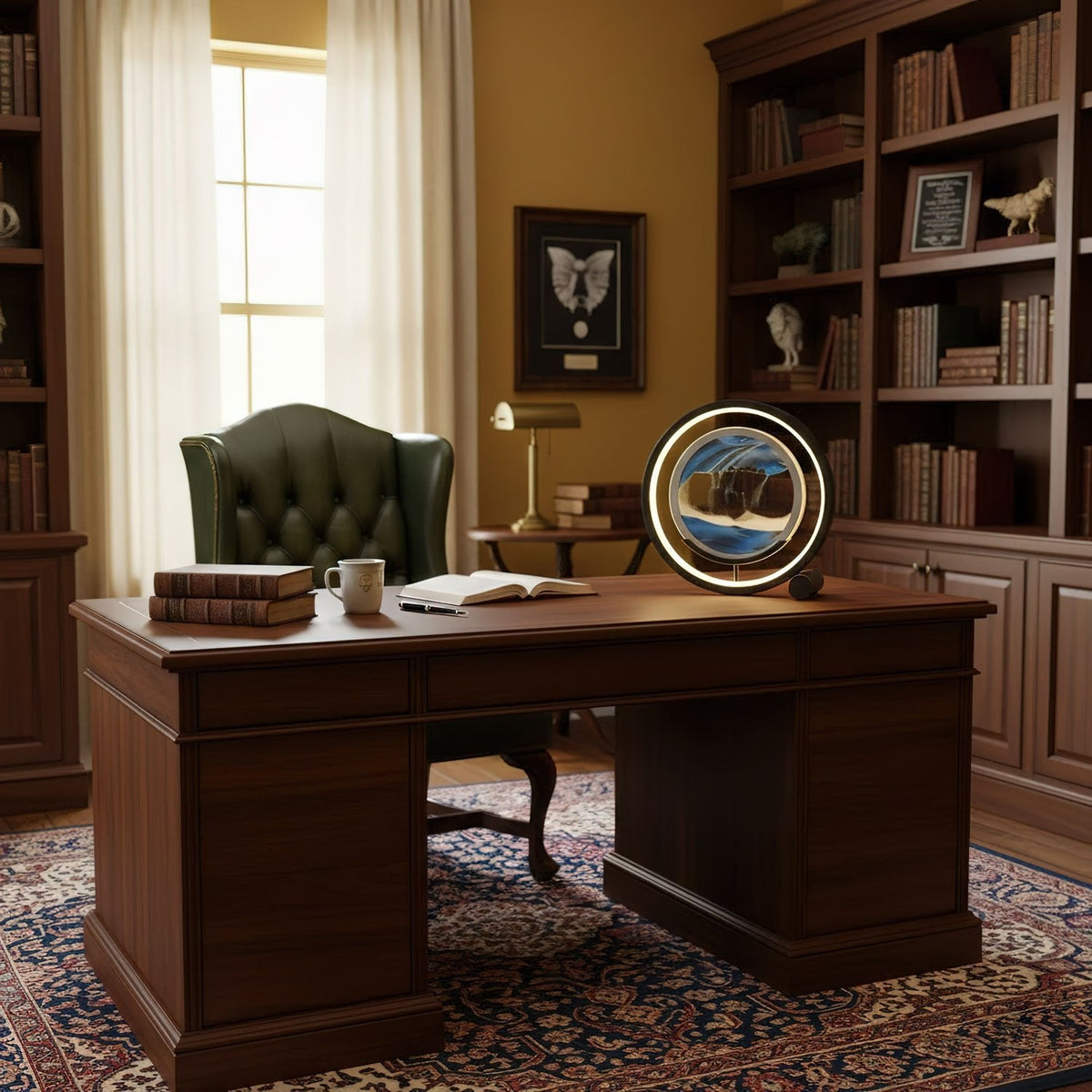 Sandrelle Table Lamp in black with lit LED ring and blue sand panel on a wooden desk in a traditional study