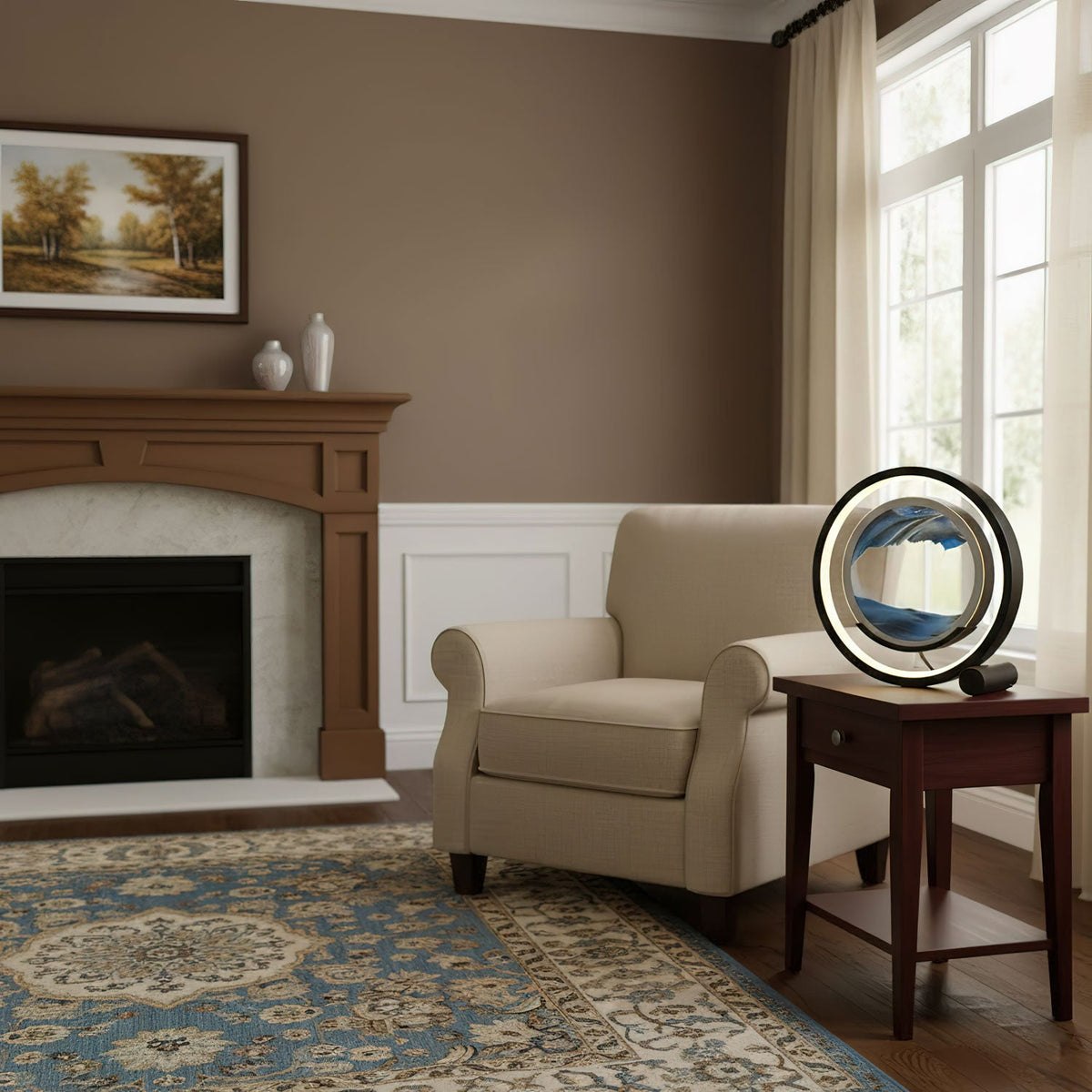Sandrelle Table Lamp in black with lit LED ring and blue sand panel on a side table beside an armchair