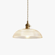 Pendant light with a ribbed glass dome shade and a gold-toned lamp holder, lit, shown on a white background.