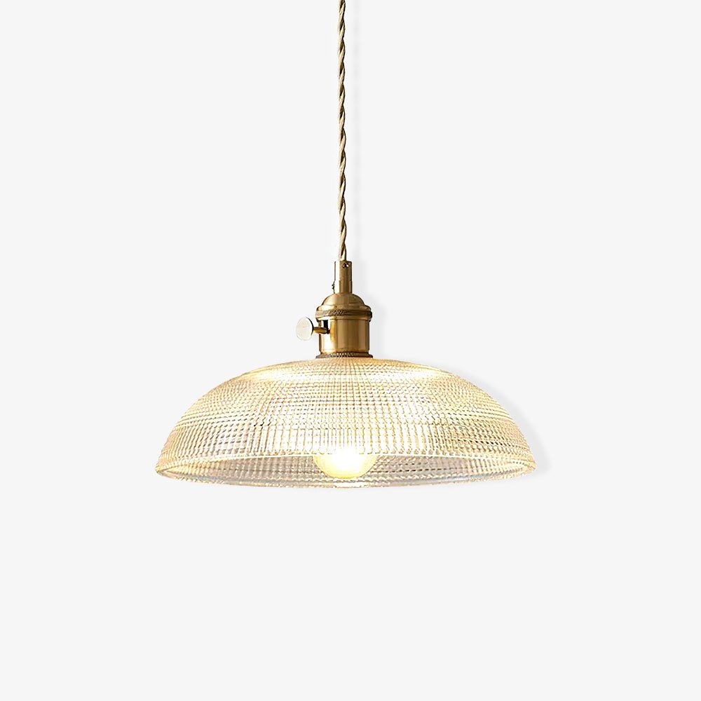 Pendant light with a ribbed glass dome shade and a gold-toned lamp holder, lit, shown small on a white background.