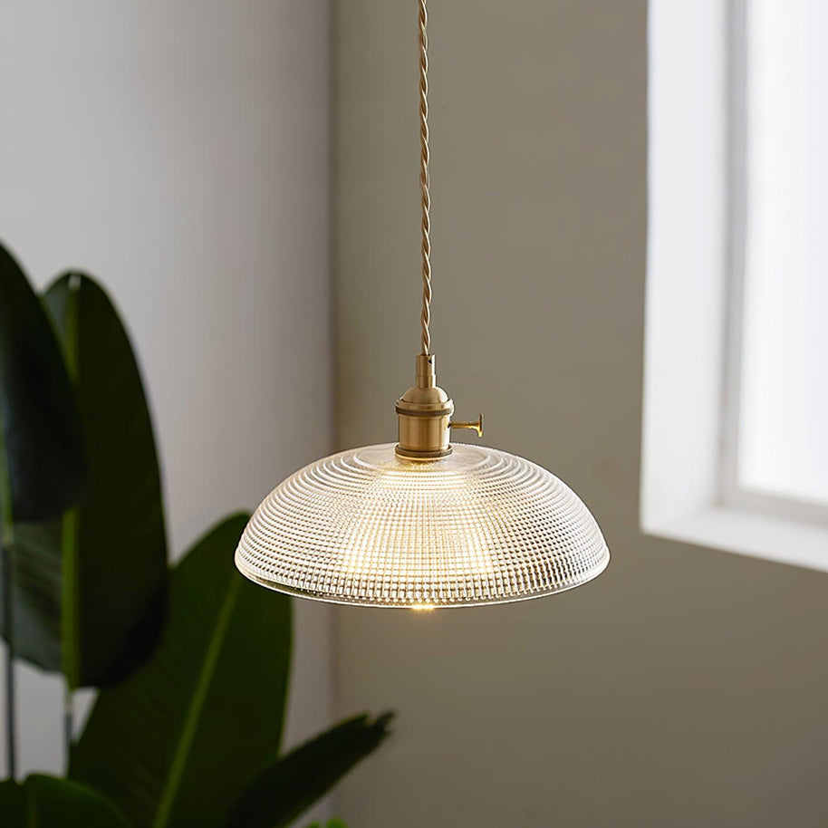 Pendant light with a ribbed glass dome shade and a gold-toned lamp holder, lit, hanging beside a leafy plant and a window.