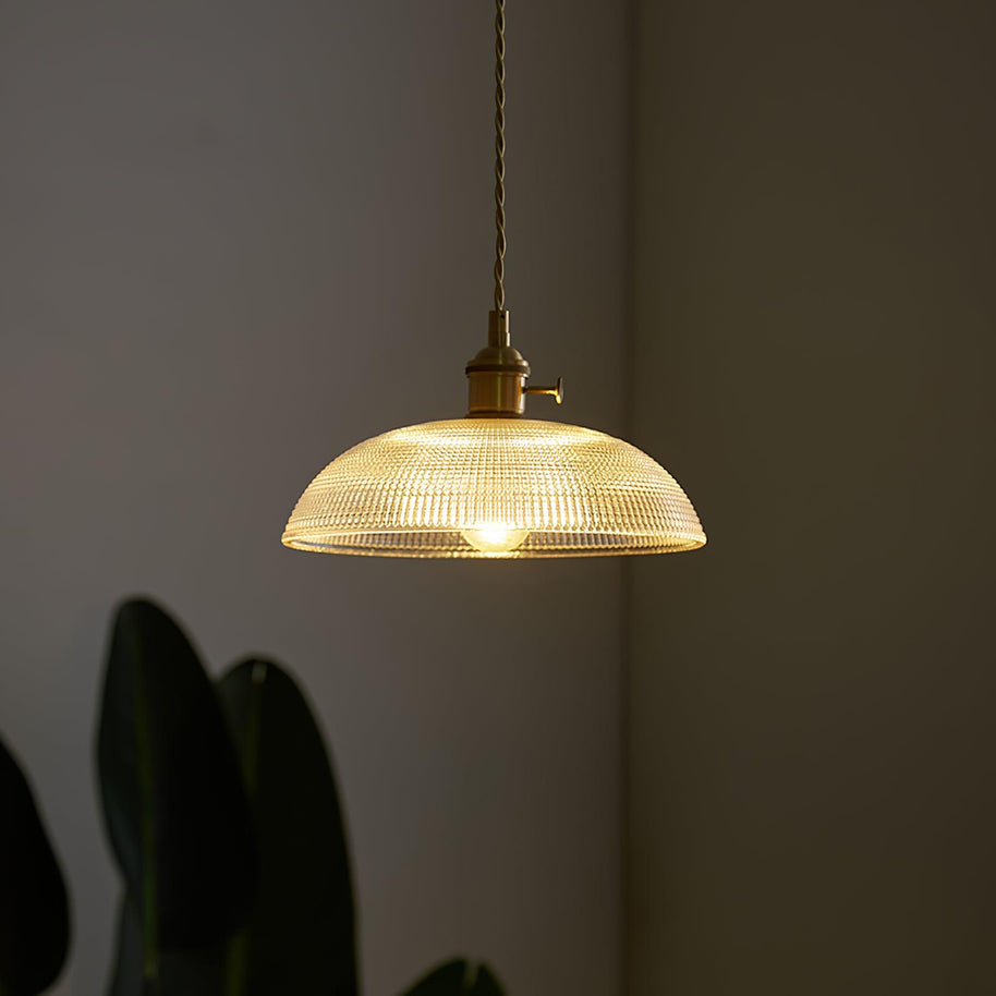 Pendant light with a ribbed glass dome shade and a gold-toned lamp holder, lit, hanging in a dim room with plants behind.