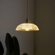 Pendant light with a ribbed glass dome shade and a gold-toned lamp holder, lit, hanging in a dim room with plants behind.
