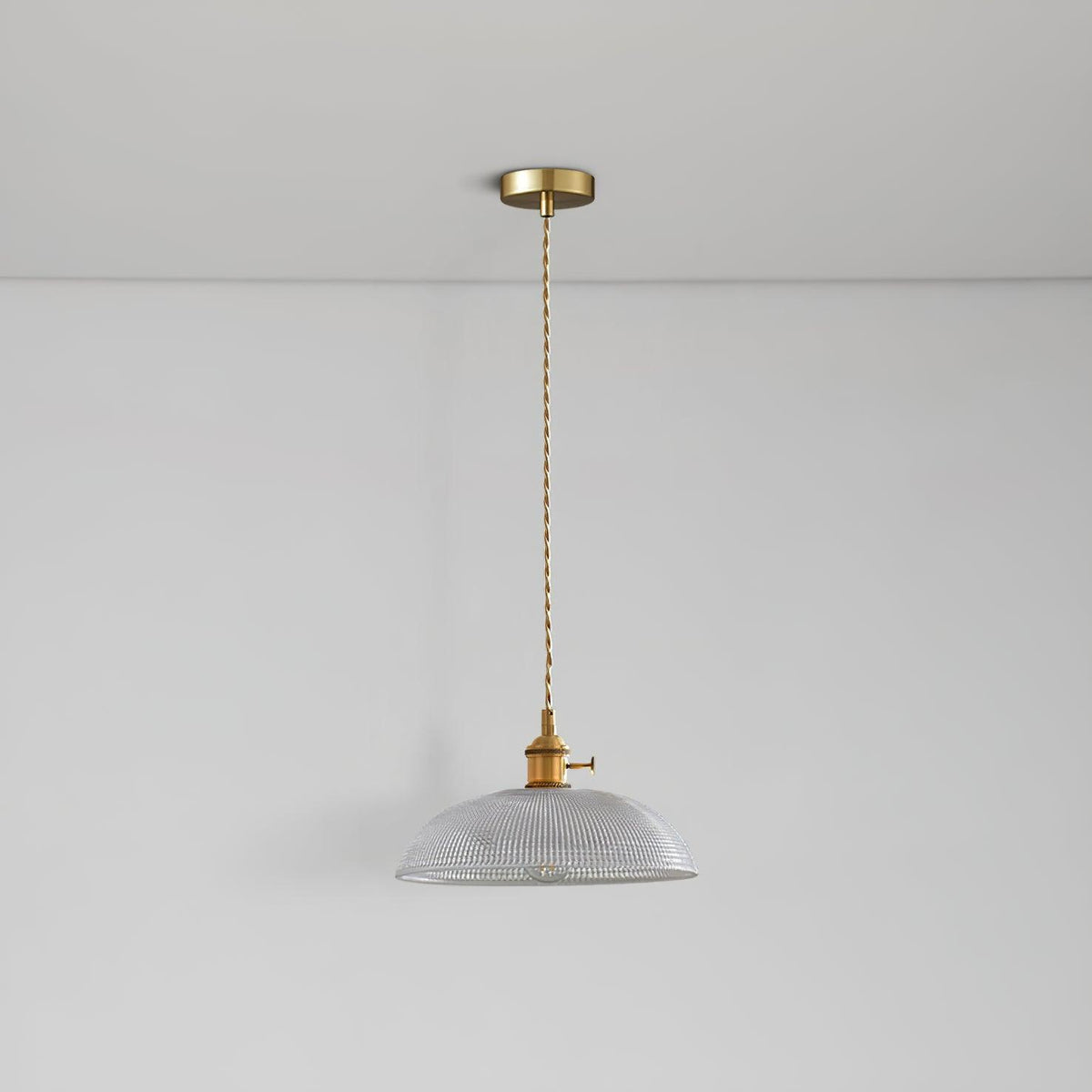 Pendant light with a ribbed glass dome shade and a gold-toned lamp holder hanging from a ceiling rose on a twisted fabric cable, unlit.