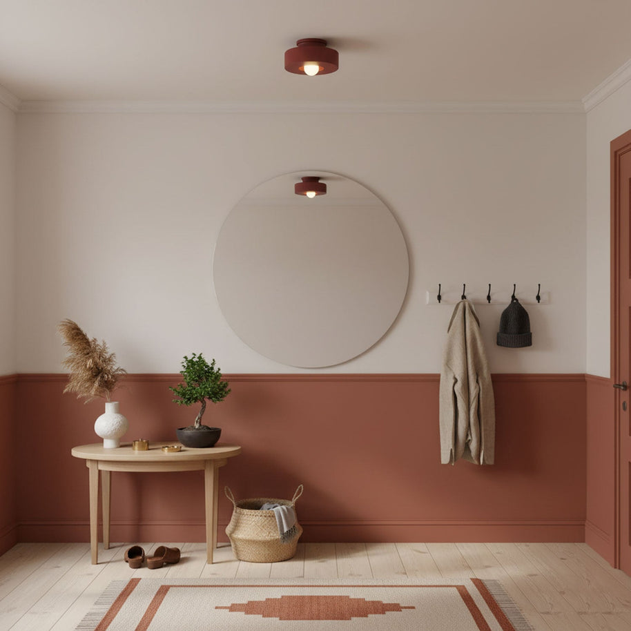 Simon Ceiling Lamp, installed in an entryway above a round mirror