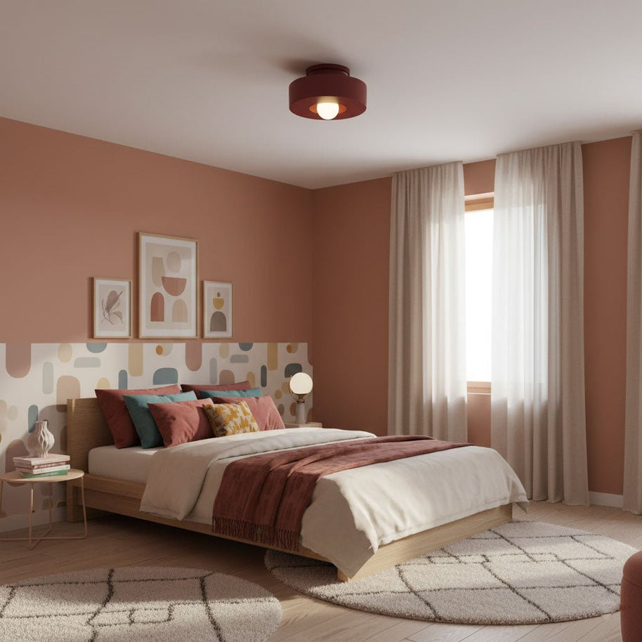 Simon Ceiling Lamp, installed above a bedroom in a warm terracotta room