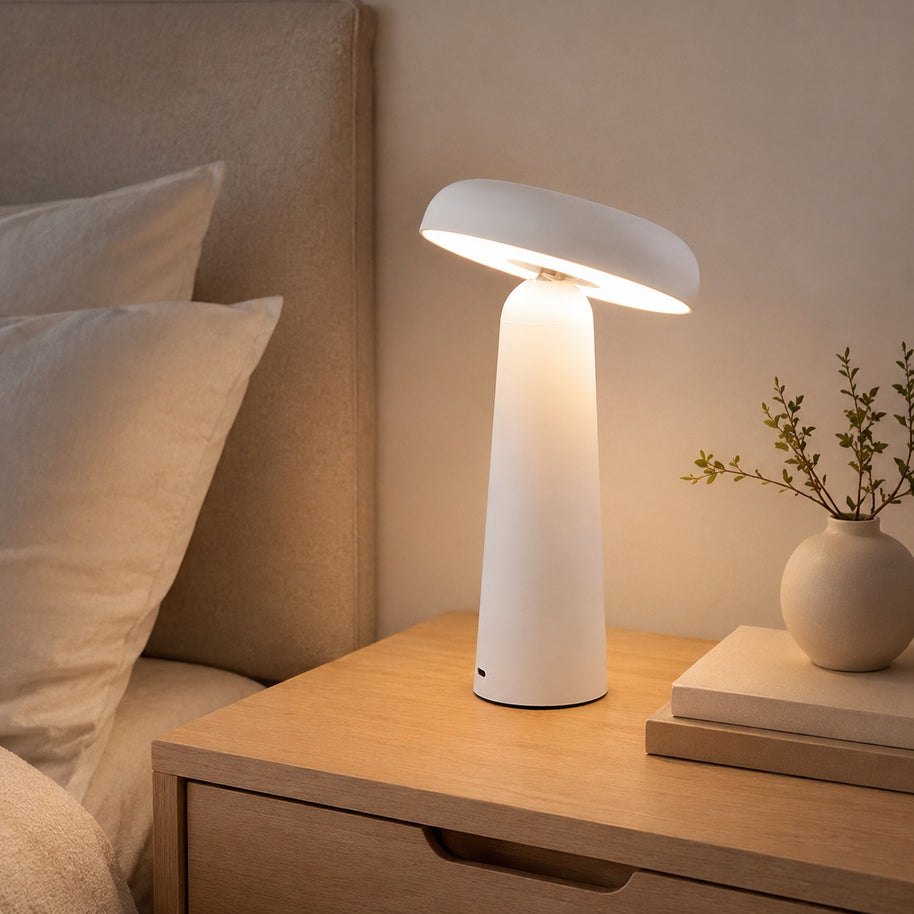 Nori Mushroom USB Rechargeable Table Lamp - bedside lifestyle room image for Comvilo lighting