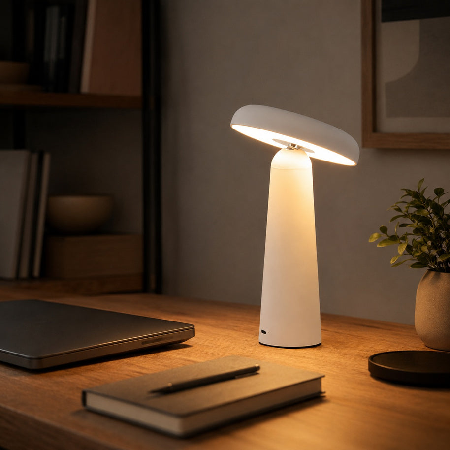 Nori Mushroom USB Rechargeable Table Lamp - office desk lifestyle image for Comvilo lighting