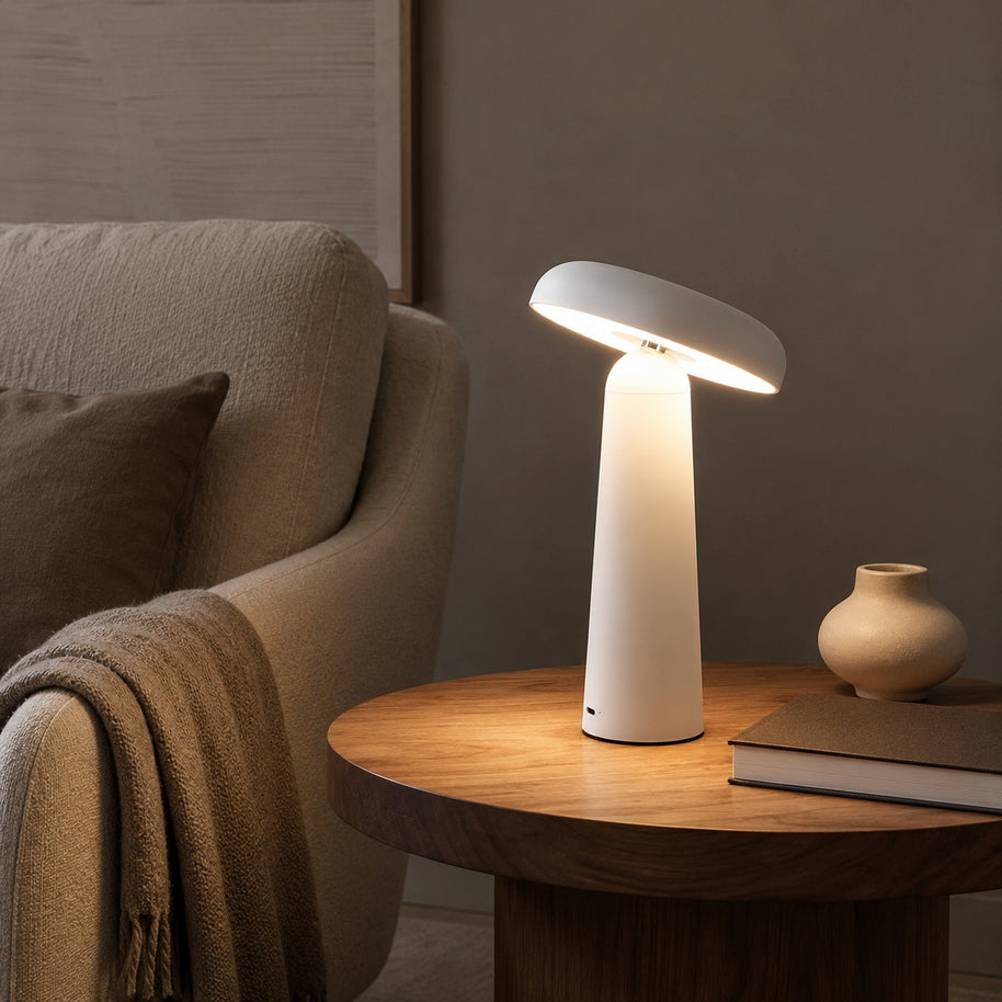 Nori Mushroom USB Rechargeable Table Lamp - reading nook lifestyle image for Comvilo lighting