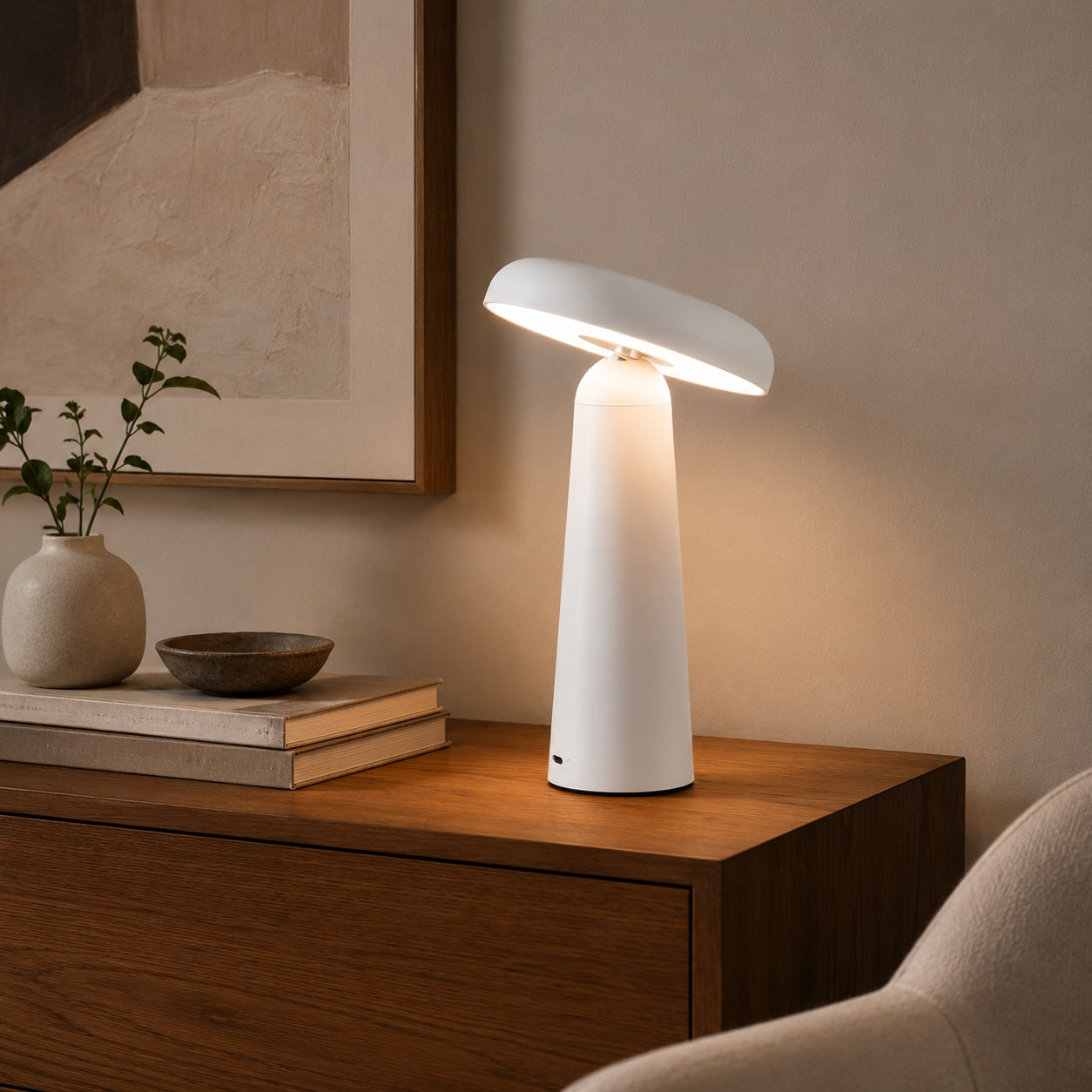 Nori Mushroom USB Rechargeable Table Lamp - living room lifestyle image for Comvilo lighting