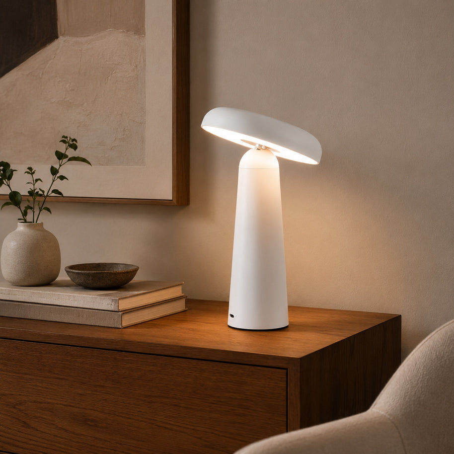 Nori Mushroom USB Rechargeable Table Lamp - living room lifestyle image for Comvilo lighting