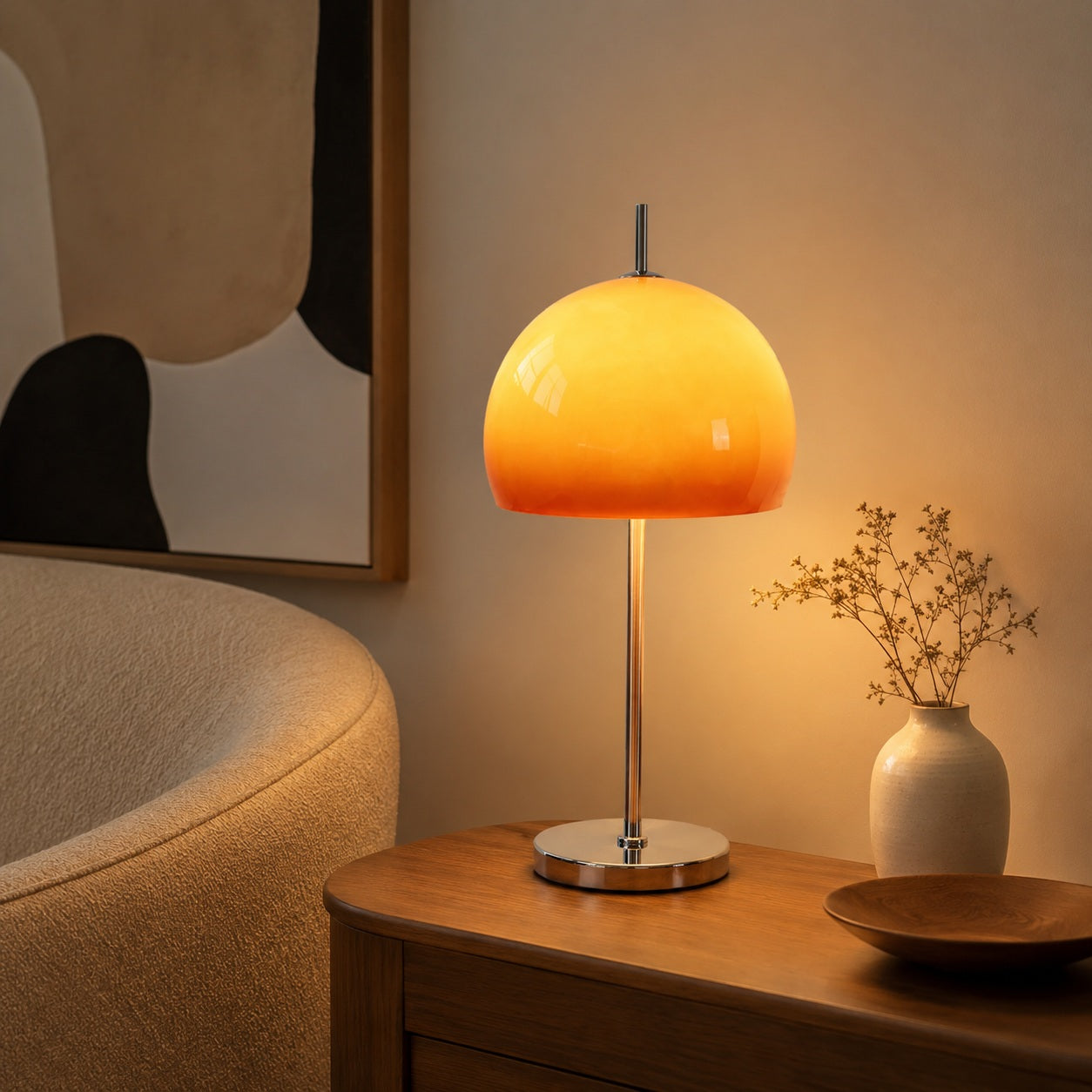 Aurelia Bauhaus Mushroom Retro Glass Table Lamp - living room side table lifestyle image for Comvilo lighting