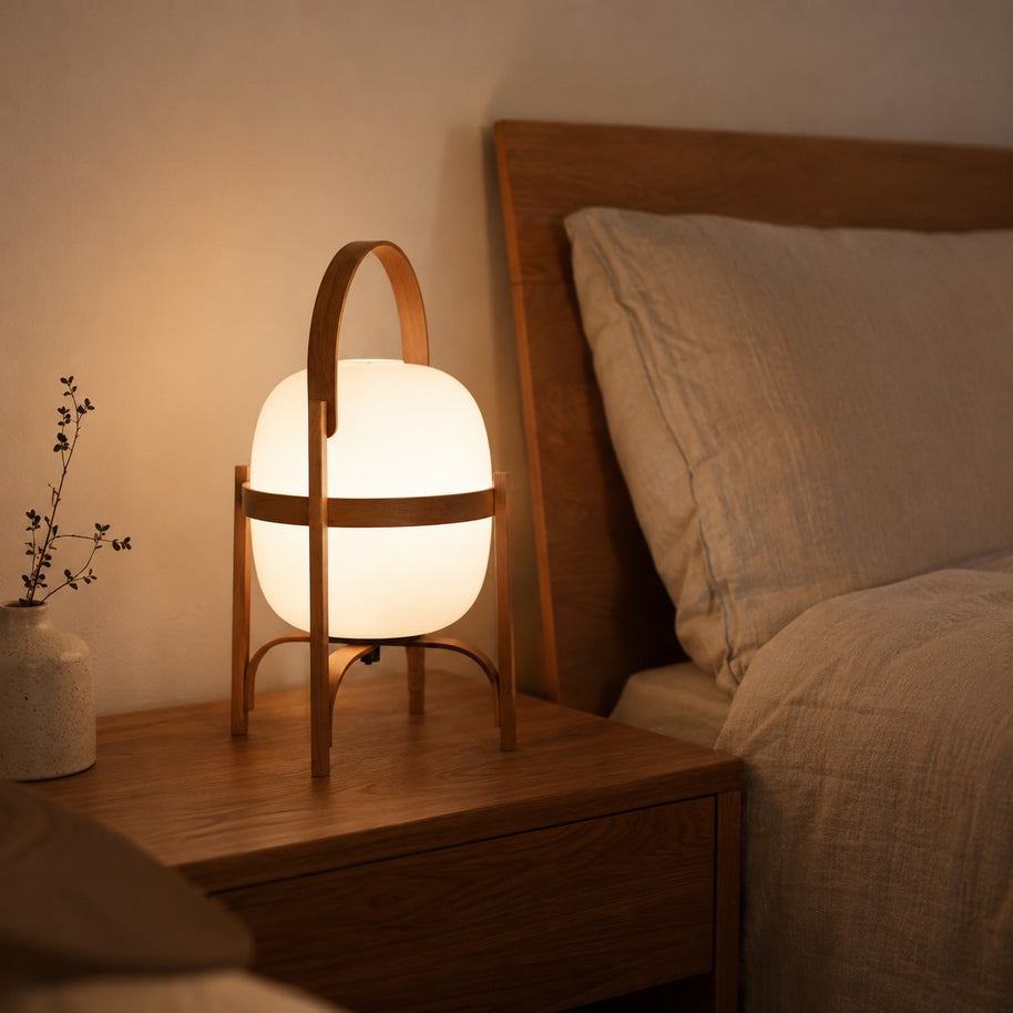 Linden Portable Lantern Glass Table Lamp - bedside lifestyle room image for Comvilo lighting