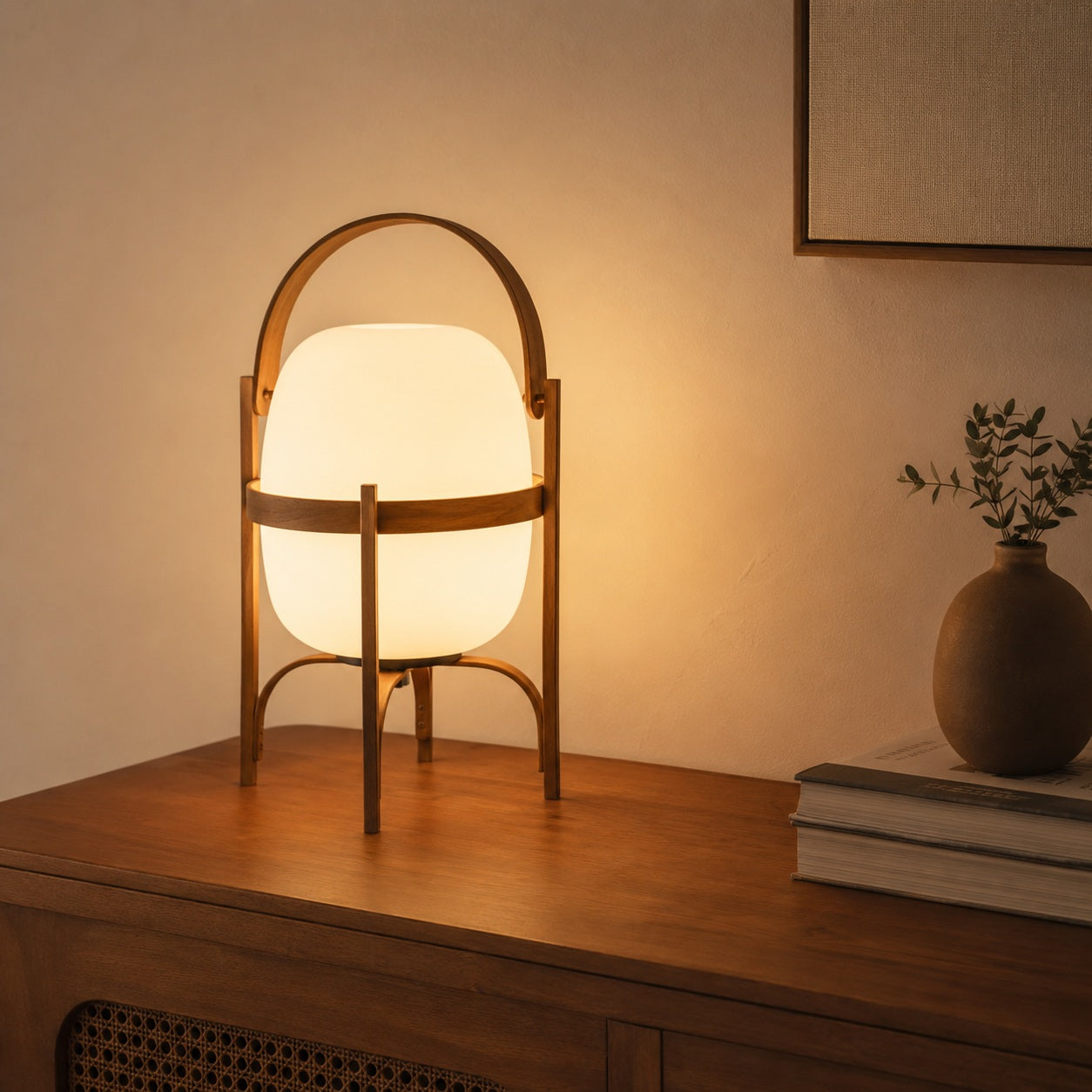 Linden Portable Lantern Glass Table Lamp - console shelf lifestyle image for Comvilo lighting