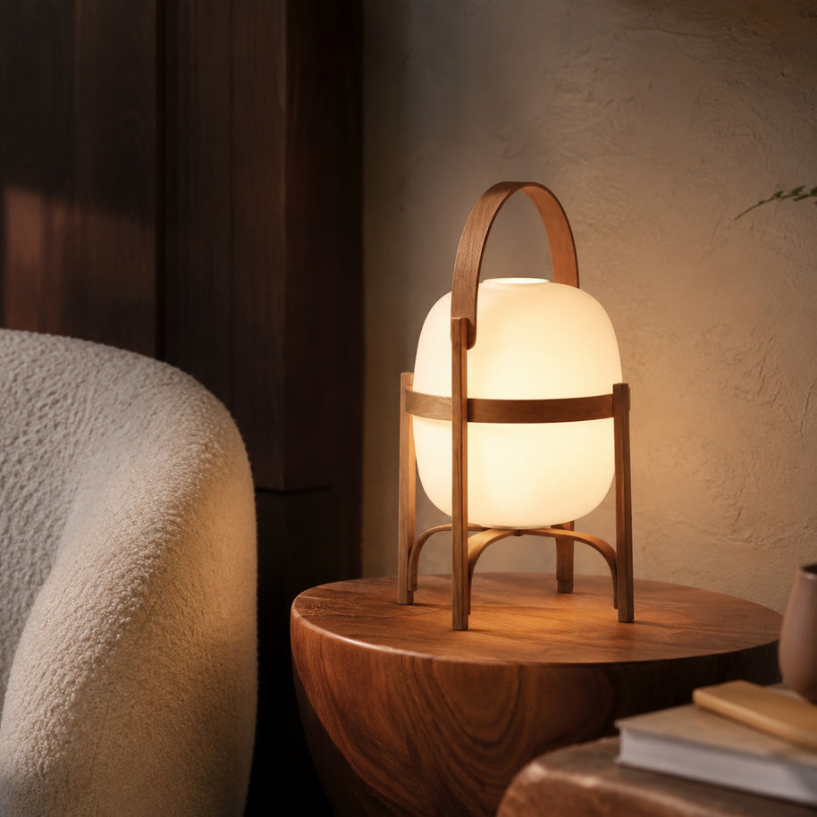 Linden Portable Lantern Glass Table Lamp - living room lifestyle image for Comvilo lighting