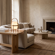 Linden Portable Lantern Glass Table Lamp in a premium Comvilo lifestyle interior — carousel lifestyle image 1