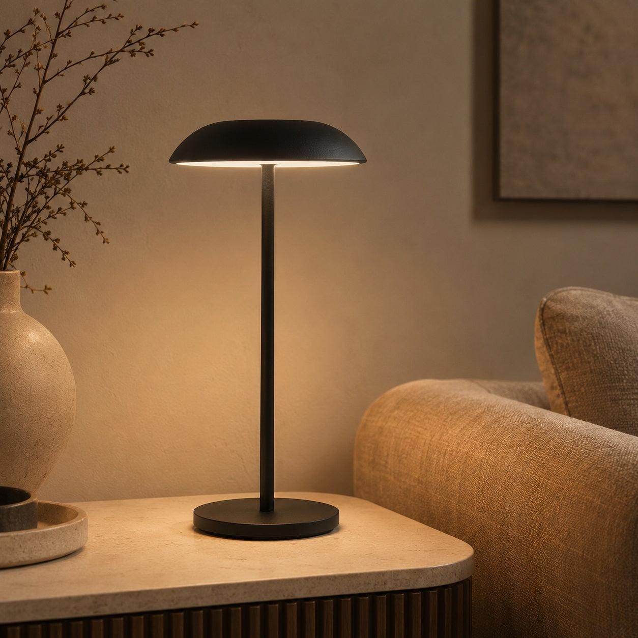 Sable Contemporary Minimal Rechargeable LED Table Lamp - living room lifestyle image for Comvilo lighting