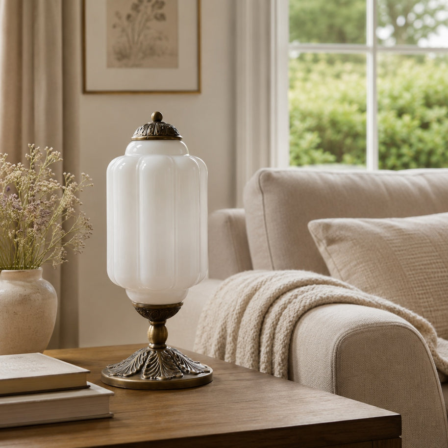 Eloise Vintage Glass Table Lamp - living room console lifestyle image for Comvilo lighting