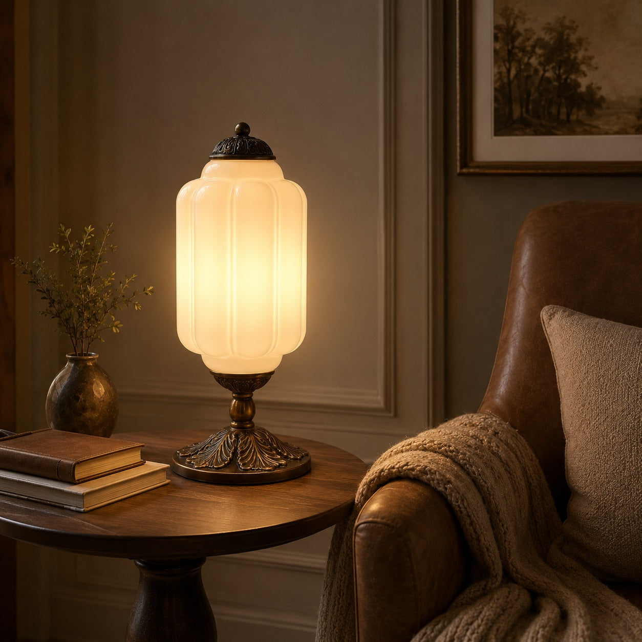 Eloise Vintage Glass Table Lamp - reading corner lifestyle image for Comvilo lighting