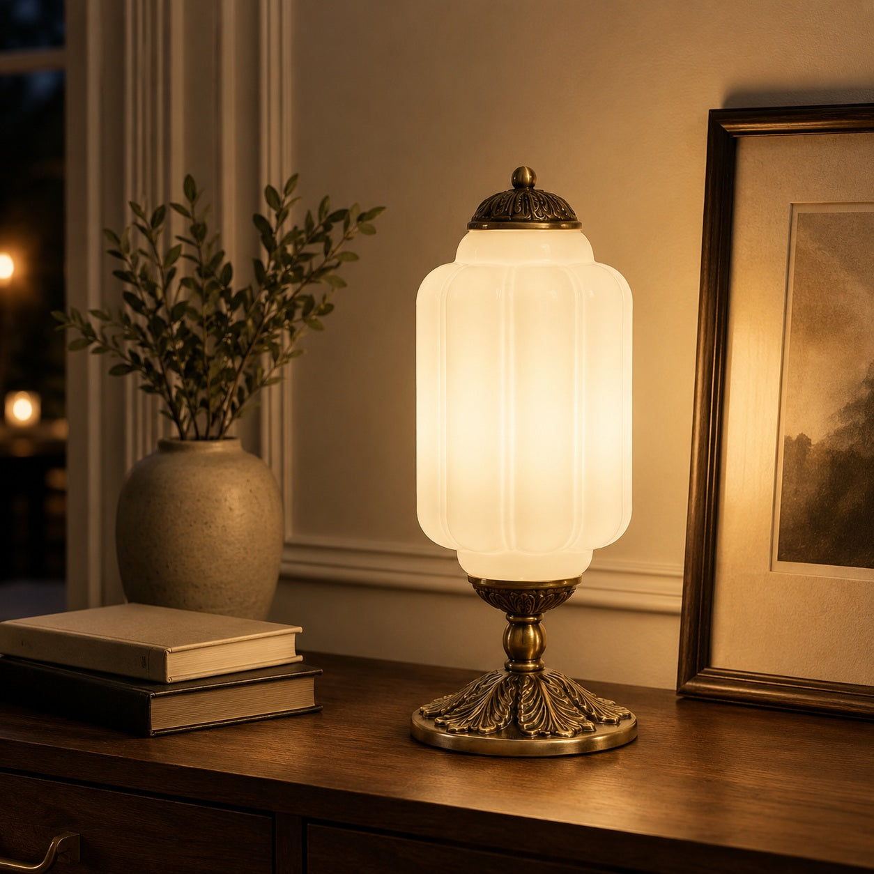 Eloise Vintage Glass Table Lamp - evening ambience lifestyle image for Comvilo lighting