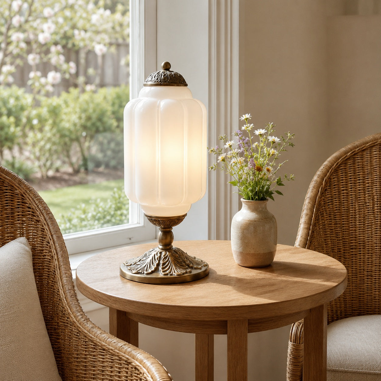 Eloise Vintage Glass Table Lamp - window table lifestyle image for Comvilo lighting