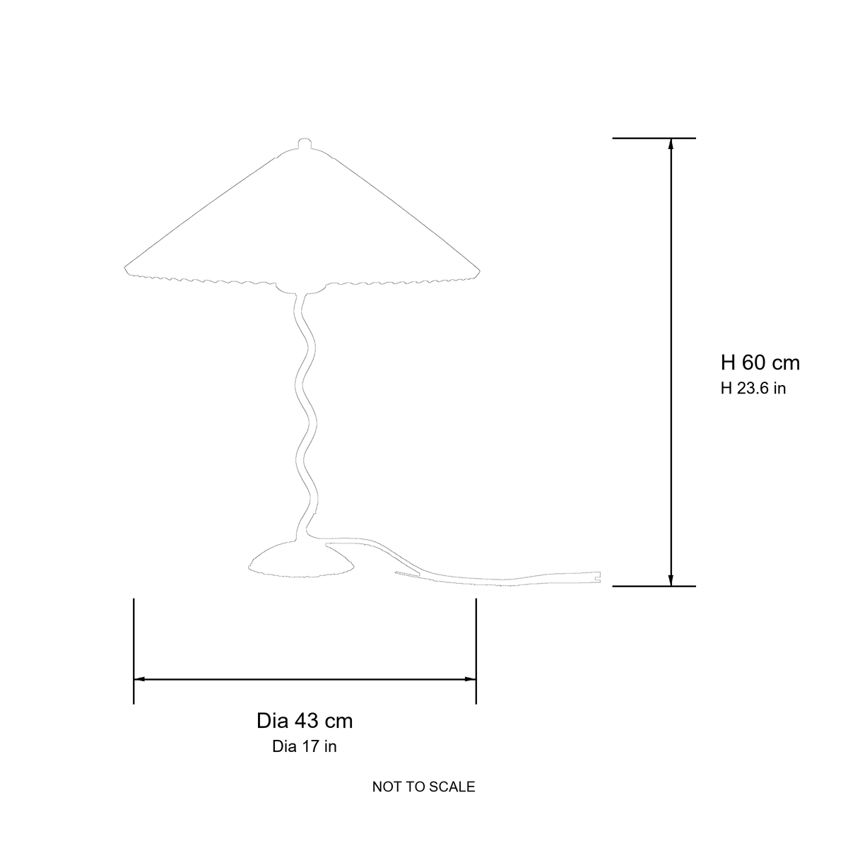 Dimension drawing of the Ondine Pleated Table Lamp with published measurements labelled.
