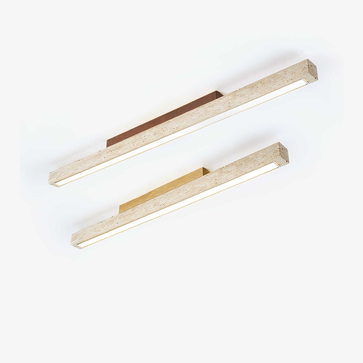 Travellin Ceiling Light, travertine bars with dark walnut and natural wood mounts side by side