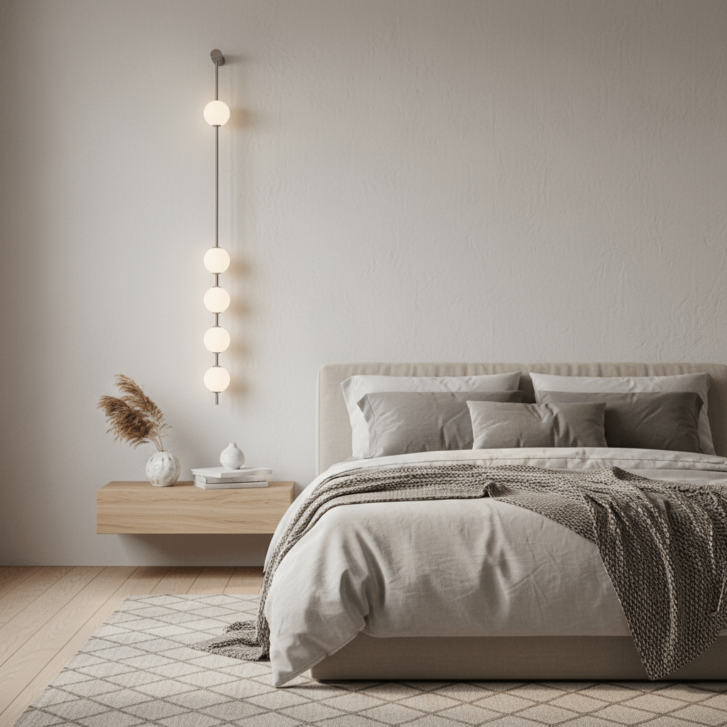 Wall lamp with a vertical row of white ball shades on a slim brass-coloured rod lit beside a bed on a plain wall.