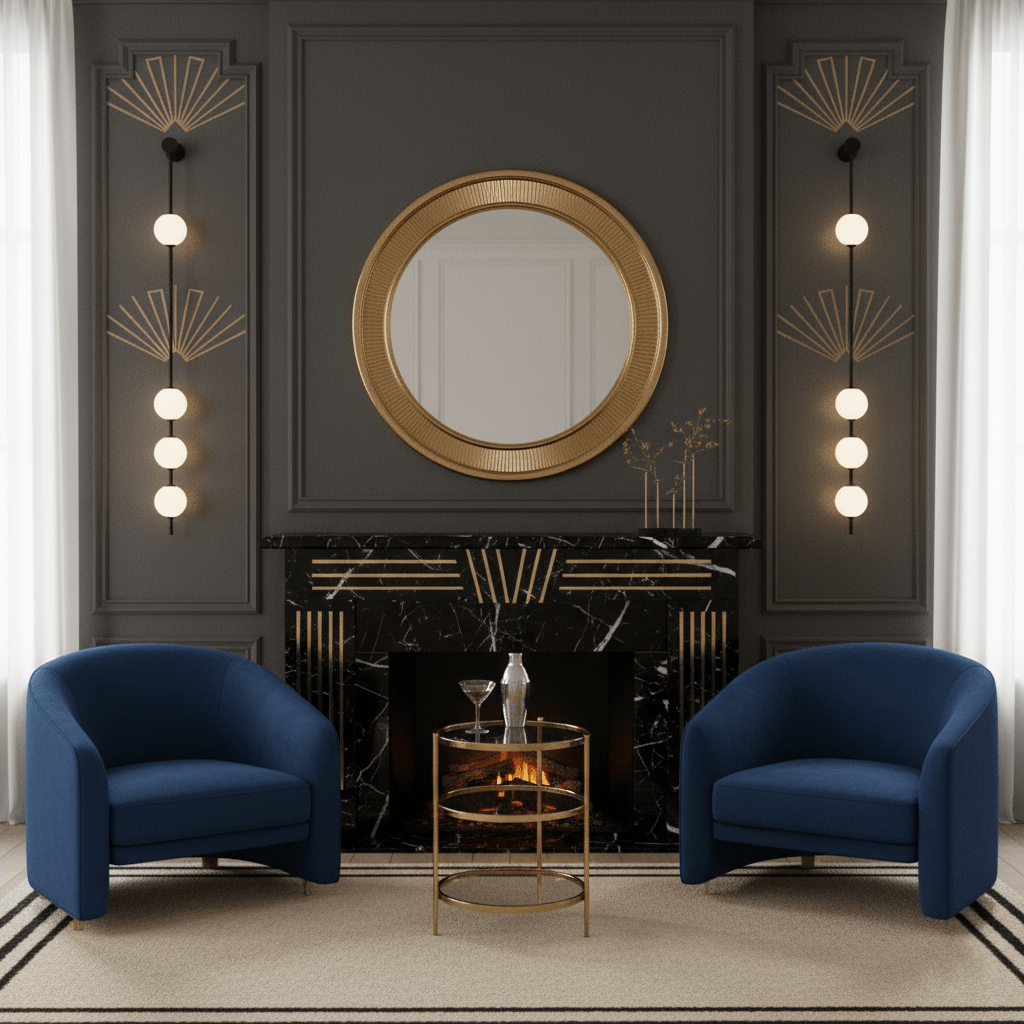 Two wall lamps with vertical rows of white ball shades on slim brass-coloured rods, lit on either side of a fireplace and round mirror.