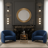 Two wall lamps with vertical rows of white ball shades on slim brass-coloured rods, lit on either side of a fireplace and round mirror.