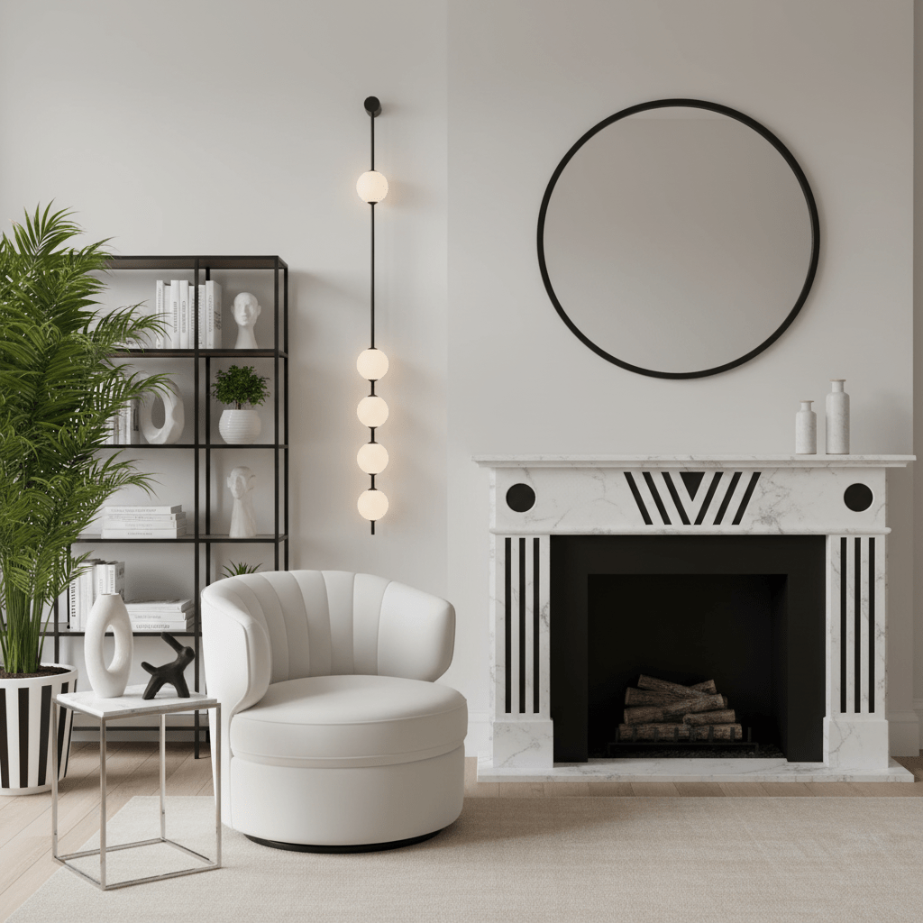 Wall lamp with a vertical row of white ball shades on a slim black rod lit beside a fireplace and a round mirror.