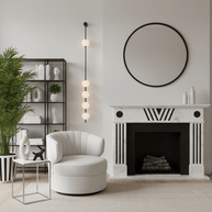 Wall lamp with a vertical row of white ball shades on a slim black rod lit beside a fireplace and a round mirror.