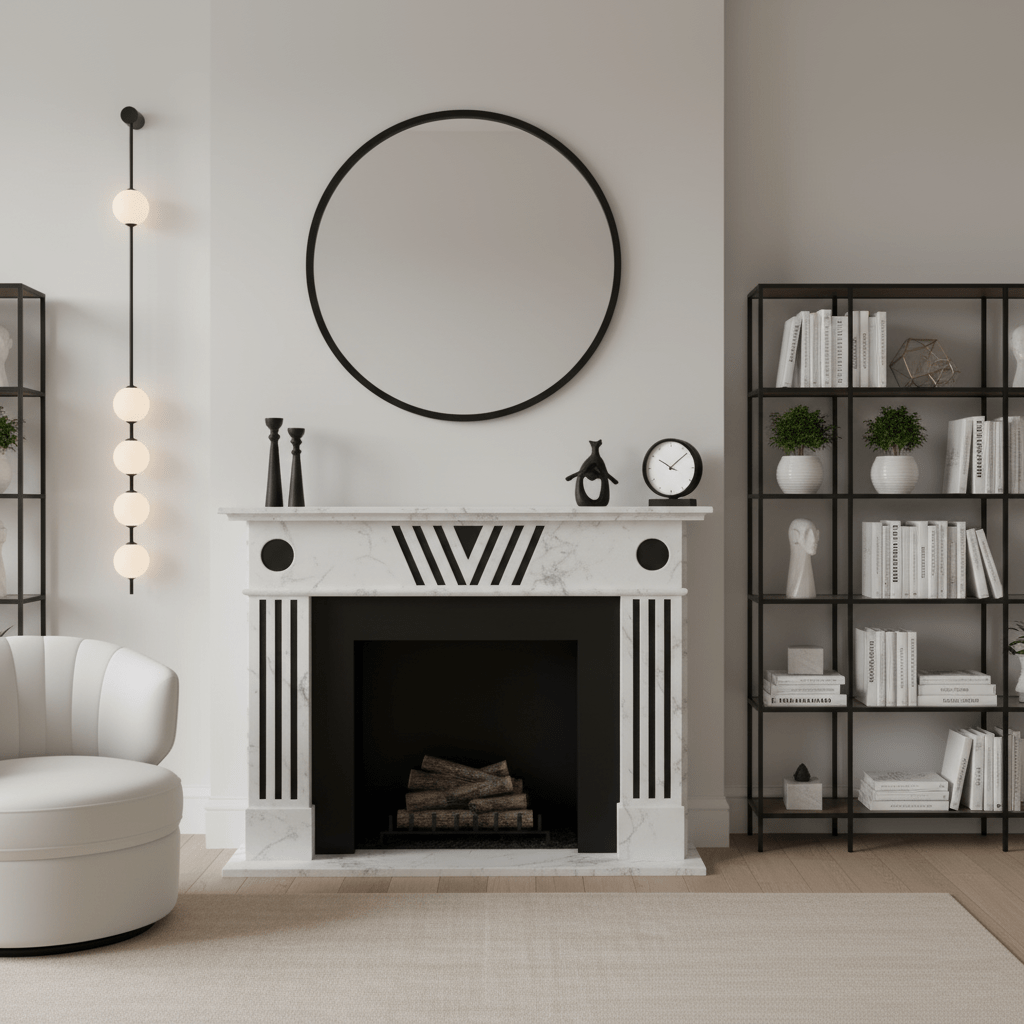 Wall lamp with a vertical row of white ball shades on a slim black rod lit beside a white fireplace and a round mirror.