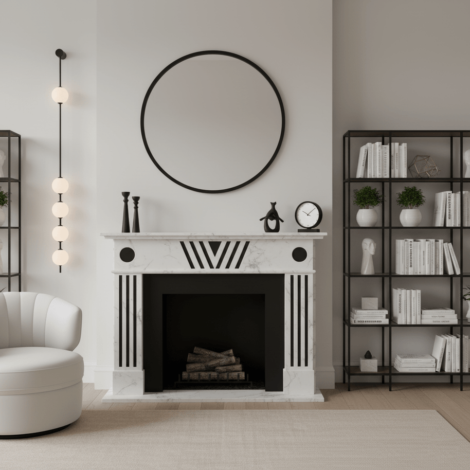 Wall lamp with a vertical row of white ball shades on a slim black rod lit beside a white fireplace and a round mirror.