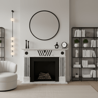 Wall lamp with a vertical row of white ball shades on a slim black rod lit beside a white fireplace and a round mirror.