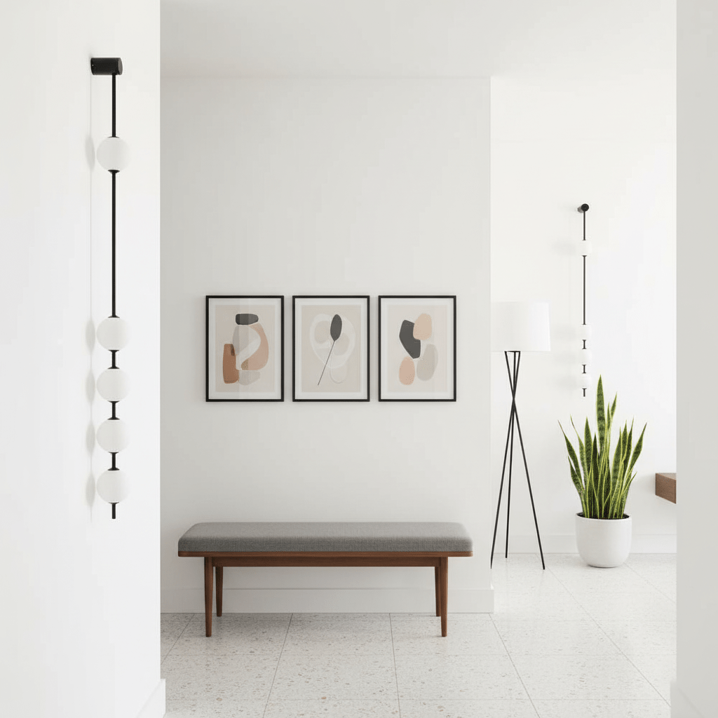 Wall lamp with a vertical row of white ball shades on a slim black rod lit on a white wall beside framed prints.
