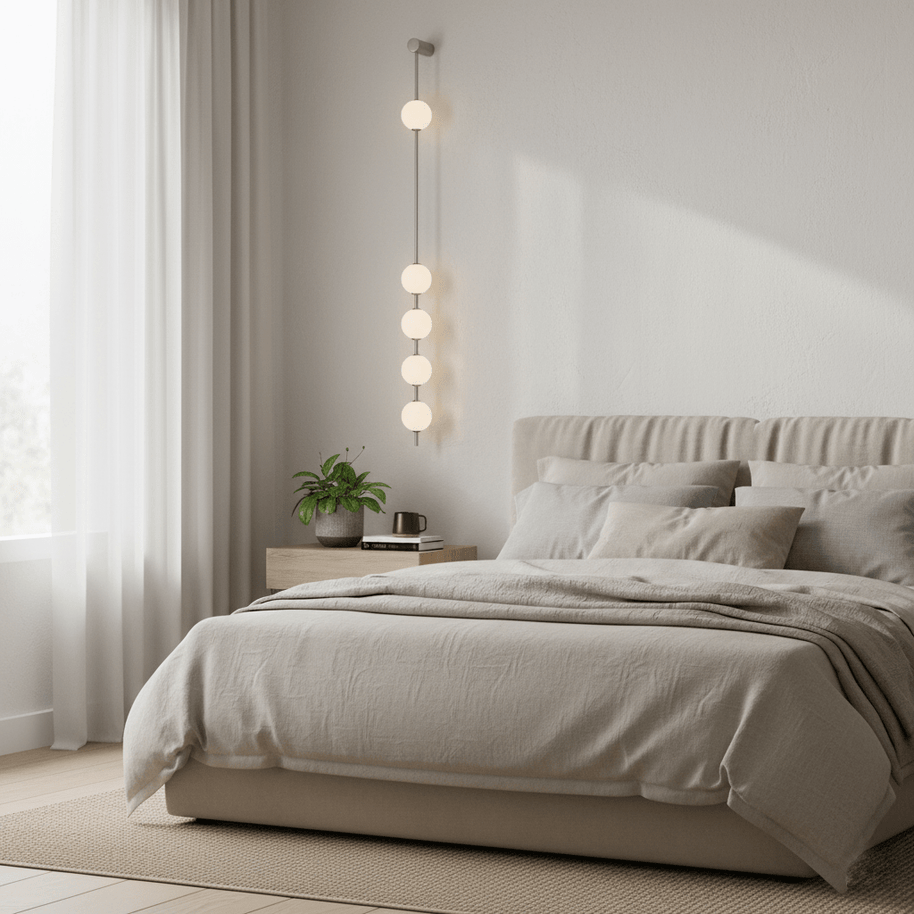 Wall lamp with a vertical row of white ball shades on a slim brass-coloured rod lit above a bedside table beside a bed.