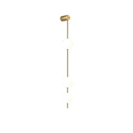 Wall lamp with a vertical row of white ball shades on a slim brass-coloured rod, unlit, on a white background.