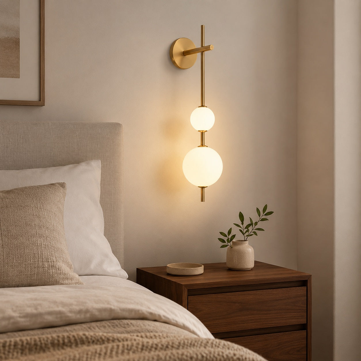 Solenne Vertical Globe Wall Light - bedside lifestyle room image for Comvilo lighting