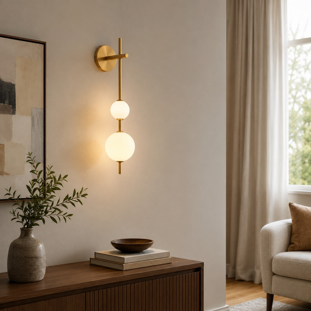 Solenne Vertical Globe Wall Light - living room lifestyle image for Comvilo lighting