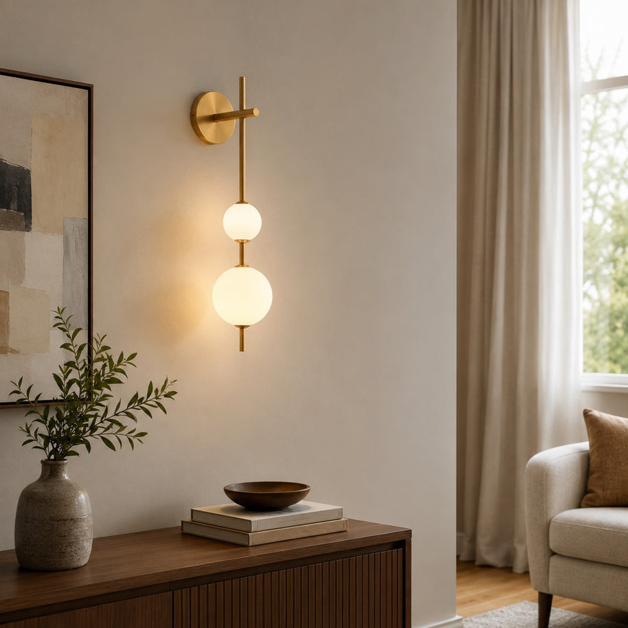 Solenne Vertical Globe Wall Light - living room lifestyle image for Comvilo lighting
