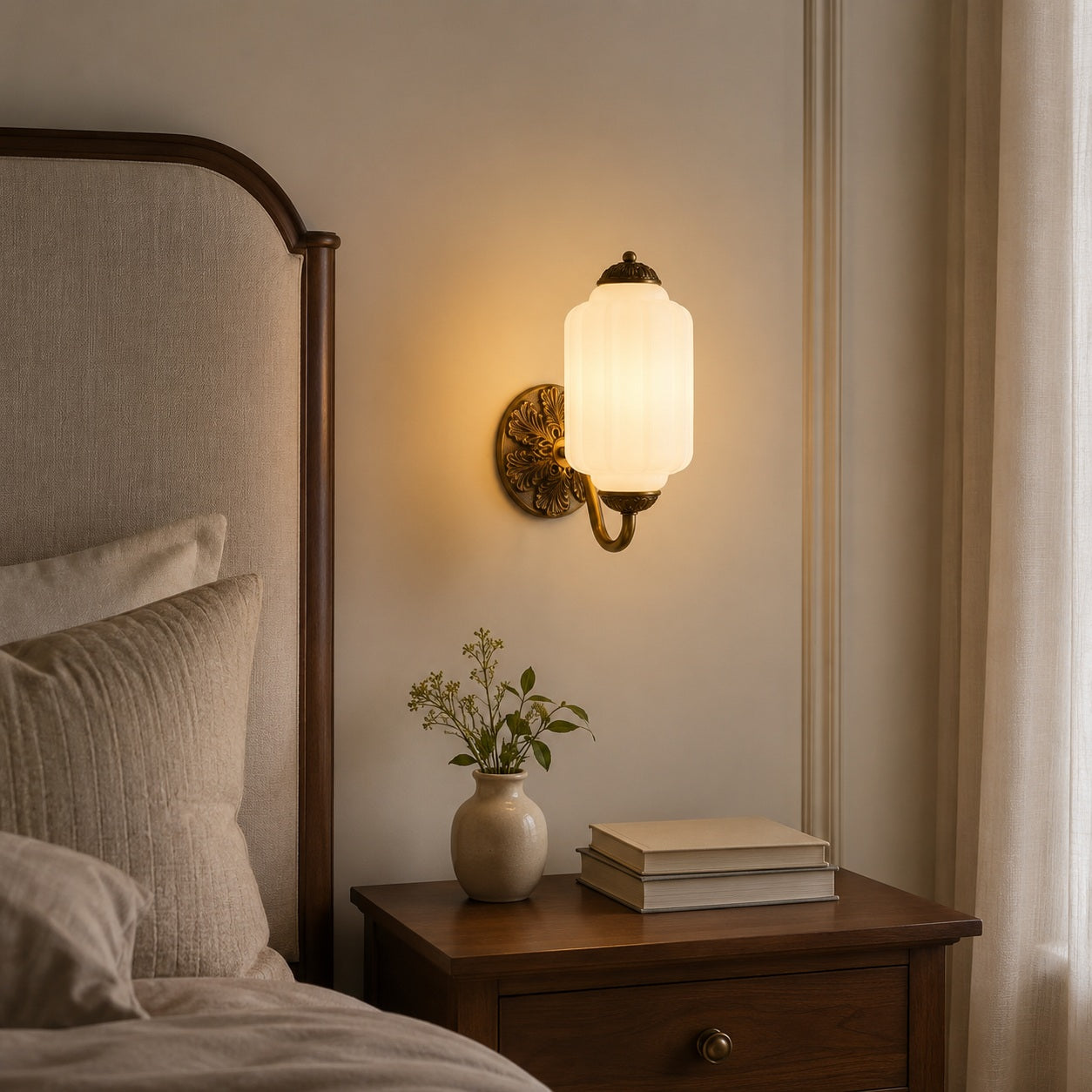 Bellemont Milk Glass Wall Sconce - bedside lifestyle room image for Comvilo lighting
