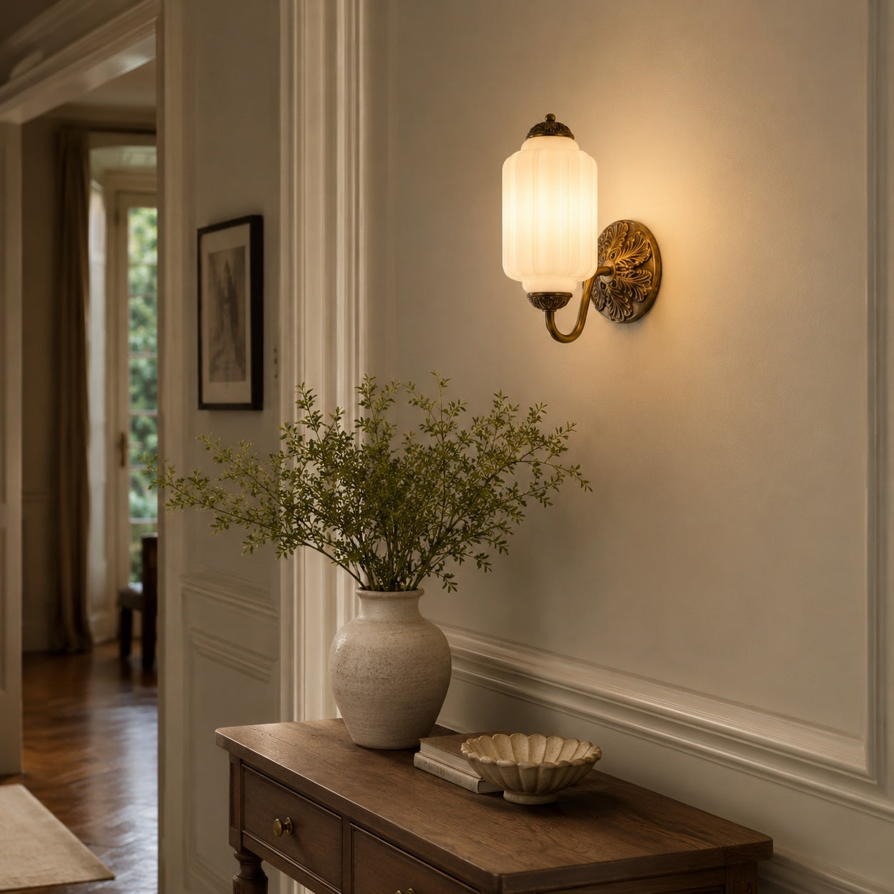 Bellemont Milk Glass Wall Sconce - hallway lifestyle image for Comvilo lighting