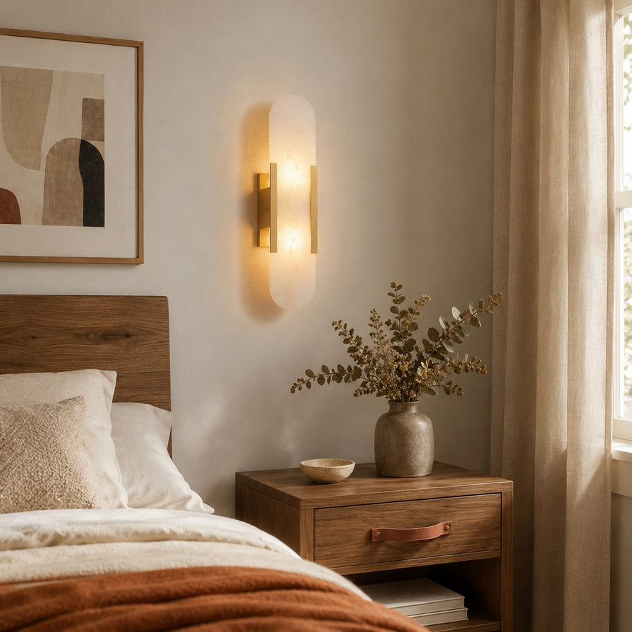 Celestine Alabaster Oblong Wall Sconce - bedroom lifestyle room image for Comvilo lighting