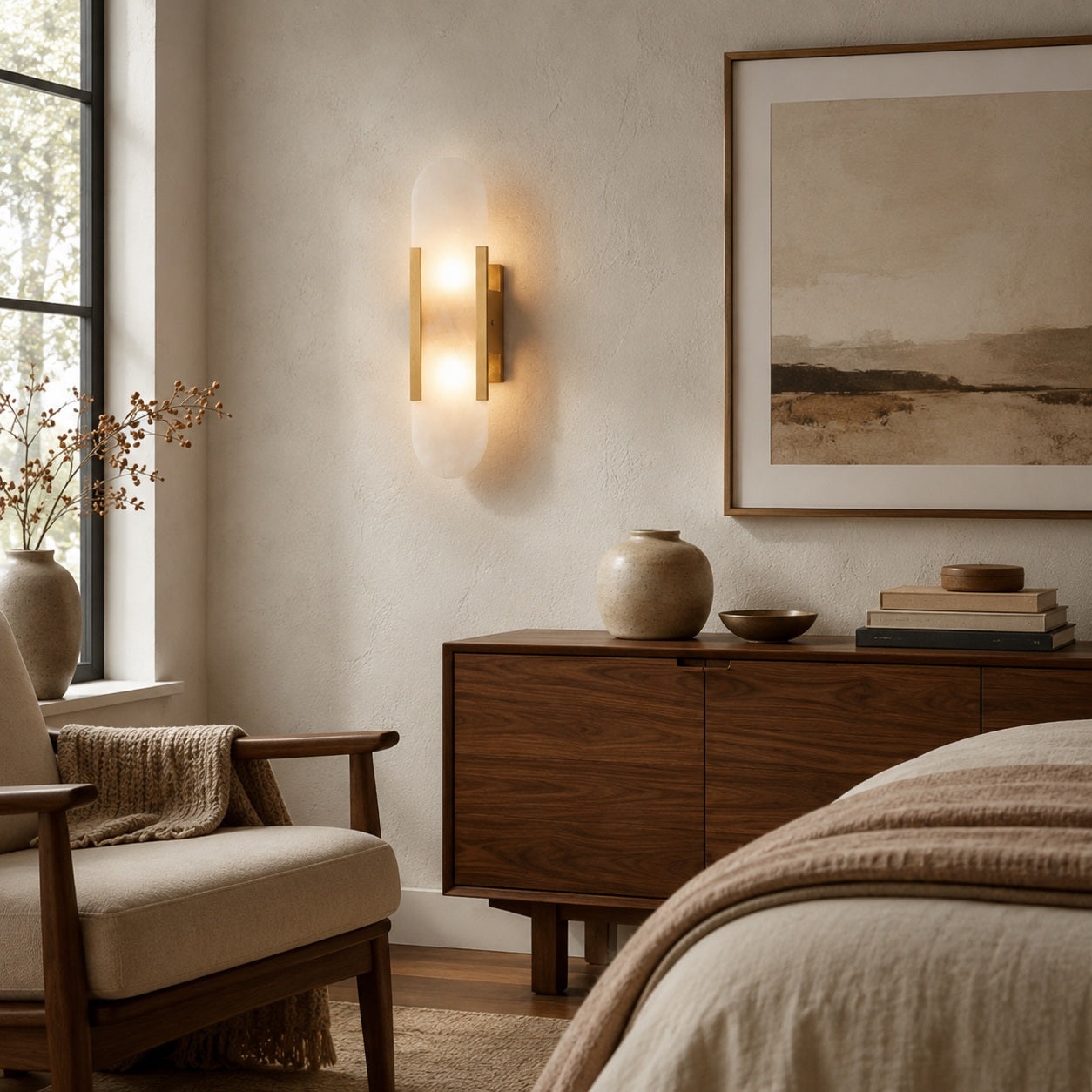 Celestine Alabaster Oblong Wall Sconce - wide lifestyle room image for Comvilo lighting