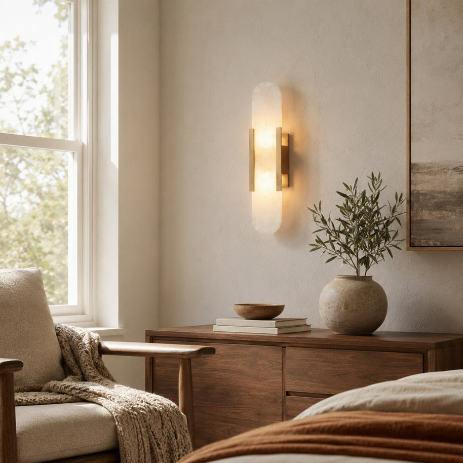 Celestine Alabaster Oblong Wall Sconce - window lifestyle room image for Comvilo lighting