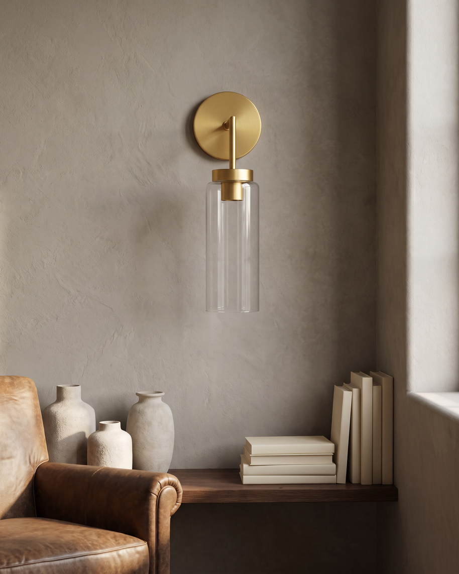 Aveline Art Glass Wall Sconce in Gold and Clear, portrait product view