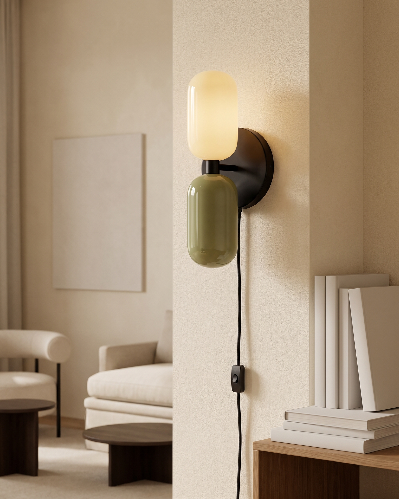 Couleur Double Plug-In Wall Lamp in Beige and Green, portrait product view