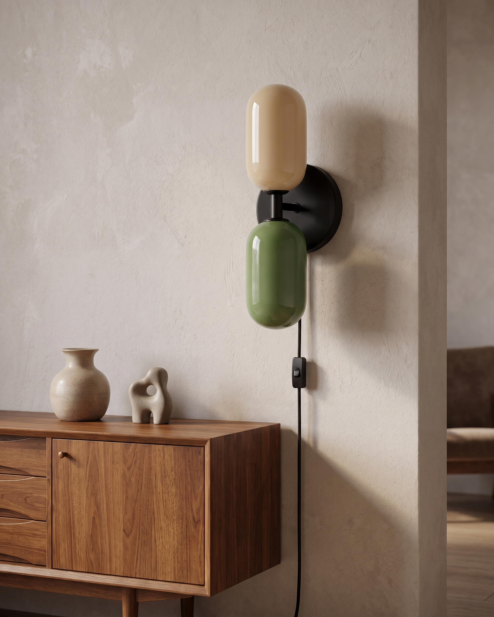 Couleur Double Plug-In Wall Lamp in Beige and Green, portrait product view