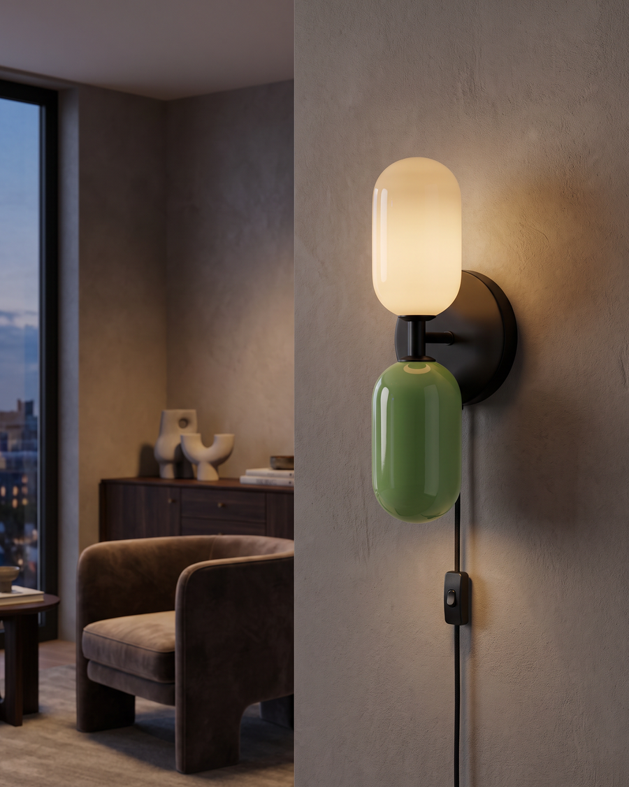 Couleur Double Plug-In Wall Lamp: Lit at Dusk by the Window